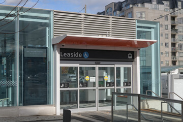 Fototapeta premium exterior of Leaside LRT Station, Eglinton Crosstown, located at 658 Eglinton Av E, Toronto (northwest corner at Bayview Av)