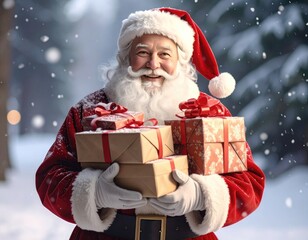 Smiling Santa Claus in a Snowy Forest Holding Gifts