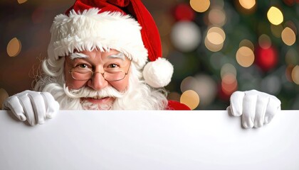 Santa Claus smiles and peeks over a white sign with a bokeh background.
