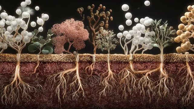 View of vibrant plant roots colonized by beneficial microbes illustrating microbial consortia promoting nutrient absorption and growth.