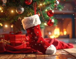 A cozy Christmas scene featuring a decorated tree with ornaments, a red stocking filled with anticipation, and gifts piled high near a warm fireplace.