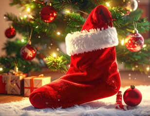 A festive red Santa boot rests by a decorated Christmas tree with gifts.