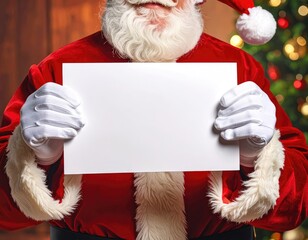 Santa Claus is holding a blank sign for a holiday message.