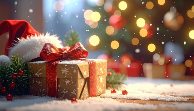 A festive Christmas gift box with a Santa hat and snow. - Powered by Adobe