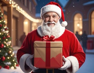 Santa Claus holding a gift box on a snowy street.