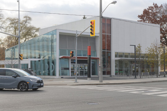 exterior of Laird LRT Station &ndash; Main Entrance located at 819 Eglinton Av E, Toronto
