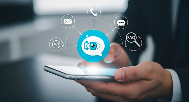 Customer support, online business and customer service concepts with person holding phone.