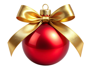 HD Red Christmas Bauble with Golden Ribbon Bow, Realistic Isolated PNG