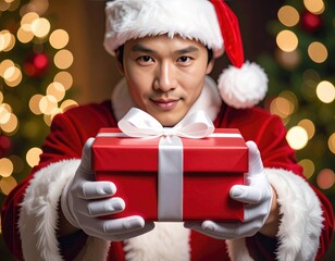 A Man in a Santa Claus Costume Offers a Wrapped Present