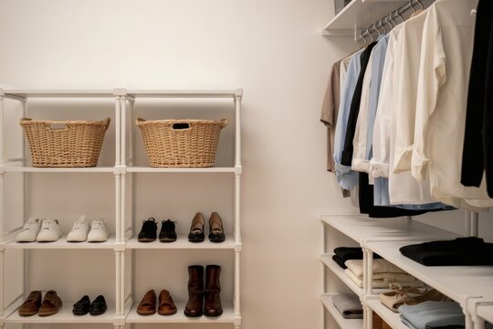 Organized closet with shelving and hanging clothes
