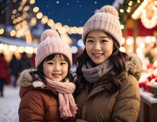 Two smiling young Asian girls in winter hats and scarves at a festive outdoor market.