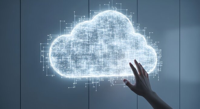 Abstract digital cloud network formed by glowing lines and nodes, with a hand reaching towards it