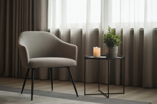 Modern armchair and side table with candle and plant