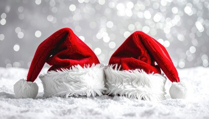 Two Santa Claus hats resting on a bed of snow with bokeh lights in the background.