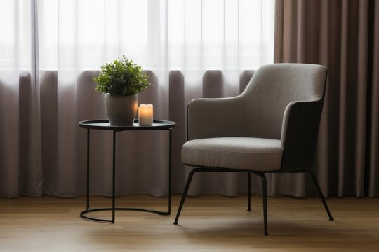 Elegant armchair and side table with plant and candle near window