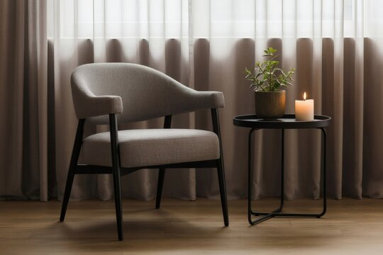 Cozy armchair next to a small table with a candle and plant