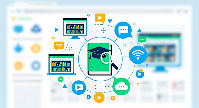 Digital book with education and study related icons for concept of Online learning, education.