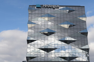 Fototapeta premium exterior facade of H.H. Angus and Associates Ltd, an engineering consultant, located at northwest corner of Don Mills Rd and 1176 Eglinton Av E, Toronto