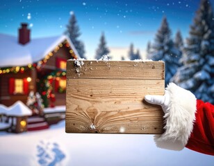 Santa Claus holds a wooden sign in front of a festive, snow-covered cabin.