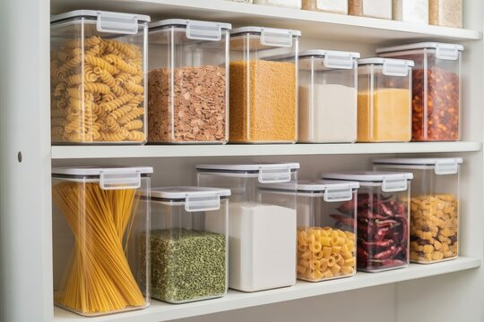 Neatly organized pantry with clear containers filled with dry goods