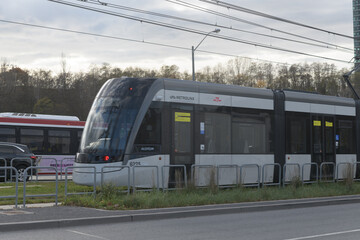 Fototapeta premium Eglinton Crosstown LRT vehicle near Sunnybrook Park LRT Station on Eglinton Av E, Toronto (Big Bear park behind)