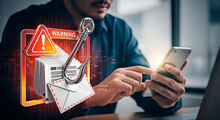 A man is targeted by the phishing email concept to avoid Internet scam.