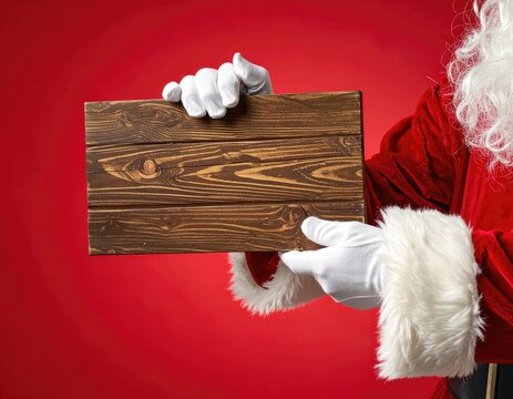 Santa Claus holds a wooden sign against a red background. - Powered by Adobe