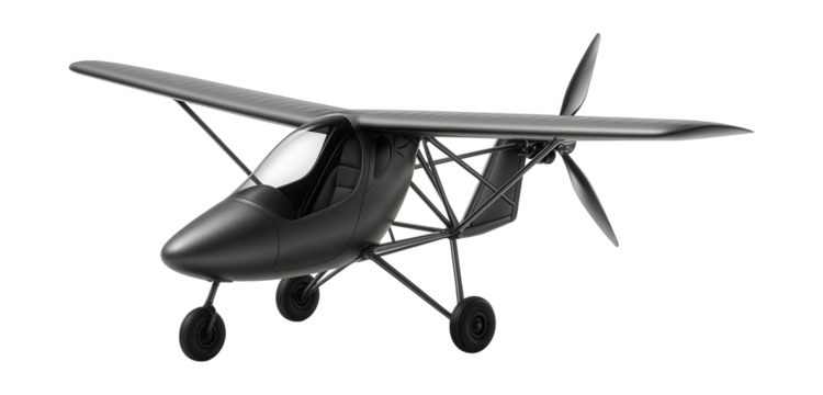 Single-seat ultralight plane featuring a rear propeller and tubular structure.