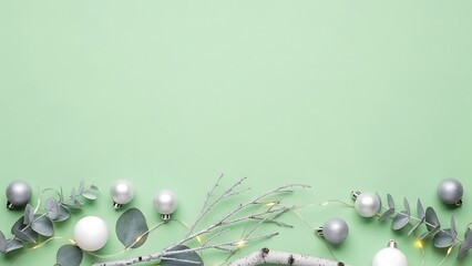 Obraz premium Winter holiday flat lay with ornaments, eucalyptus, and lights