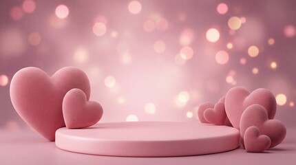 Pink Podium Background for product symbols of love, valentines day 3d. Valentines Day Pink Podium With Hearts With Gradient Mesh