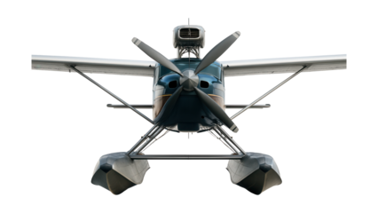 Seaplane with pontoons and elevated engine for versatile water and land travel.