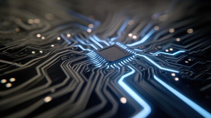 Futuristic Circuit Board Design with Glowing Blue Lines Illustration