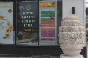 Fototapeta premium stone sculpture called EG by Austin Emery and Everie cannabis product at Heddington Av and Eglinton Av W, Toronto