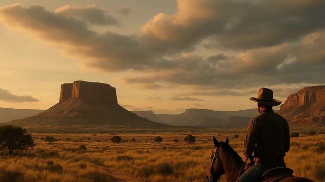 Cowboy on horseback overlooking a rugged desert mesa at sunrise, golden light illuminating the wild western landscape, dramatic clouds and open plains evoke solitude, frontier spirit, and classic Amer