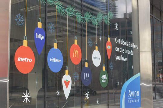 decal signs of shop at Yonge Eglinton Centre, a shopping mall, located at 2300 Yonge St (northwest corner at Eglinton Av W), Toronto