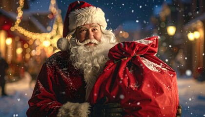 Santa Claus holds a sack full of gifts in a snowy, festive village.