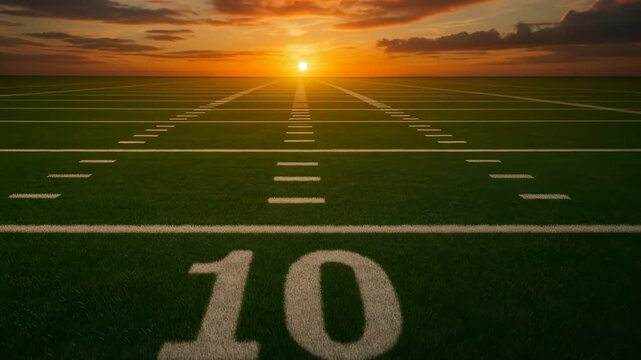 American football field at sunrise, viewed from the 10-yard line perspective, lush green turf stretching to the horizon, glowing white yard markers, and a dramatic golden sky symbolizing a new day or 