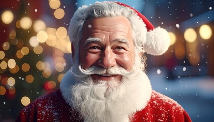 A close-up portrait of a cheerful Santa Claus with a snowy beard, wearing his iconic red suit and hat, with bokeh lights in the background.