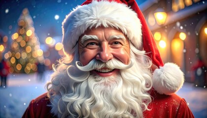 A jolly Santa Claus smiles warmly in a snowy, festive scene.