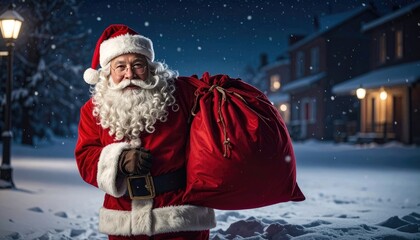 Santa Claus stands with a sack of gifts in a snowy village.