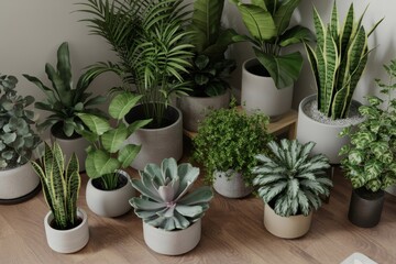 Fototapeta premium Collection of various potted houseplants arranged indoors