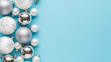Silver and white christmas ornaments on light blue background