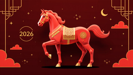 Red and gold geometric horse illustration for Chinese New Year