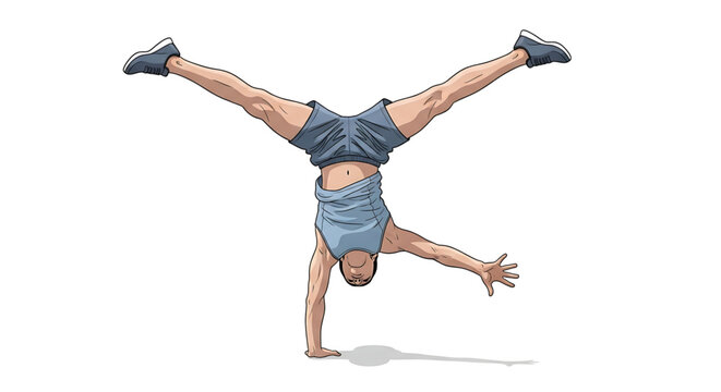 Cartoon athlete demonstrating impressive handstand with wide leg split exercise.