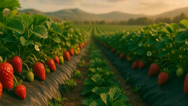 Lush rows of strawberry plants in the golden hour, ripe red strawberries and green leaves close to the camera, long perspective of a fruitful farm field with distant mountains under a warm evening sky