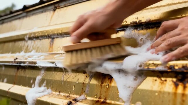 Closeup medium shot of hands scrubbing aluminum siding with soap and a soft brush effectively cleaning away grime and weathered buildup.