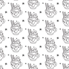 Seamless pattern with hand-drawn Christmas hot chocolate cups on white background. Vector festive holiday background. 