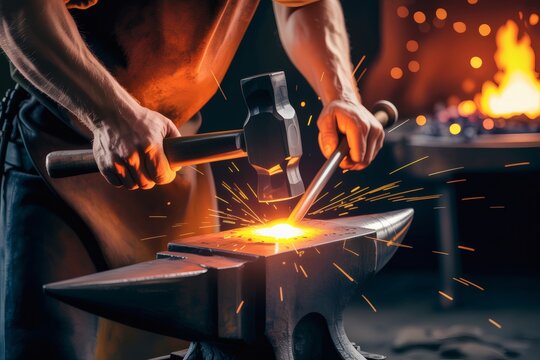 Blacksmith forging metal with hammer on anvil sparks flying