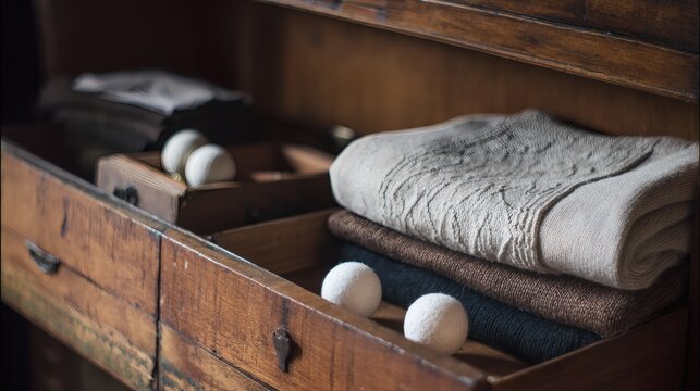 camphor. White camphor balls placed inside an antique wooden wardrobe with folded clothing. menu design, packaging mockups, designed for food delivery and cloud-kitchen brand materials.