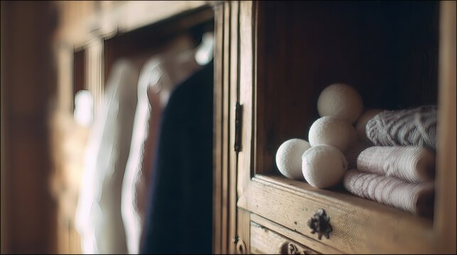 camphor. White camphor balls placed inside an antique wooden wardrobe with folded clothing. menu design, packaging mockups, designed for food delivery and cloud-kitchen brand materials.
